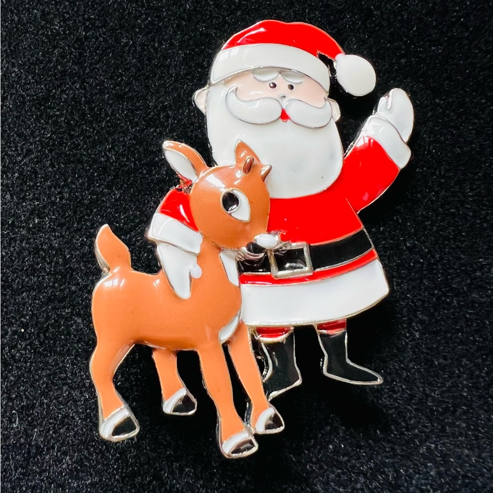 Vintage Rudolph The Red Nose Reindeer & Santa Claus Christmas Brooch Pin RARE